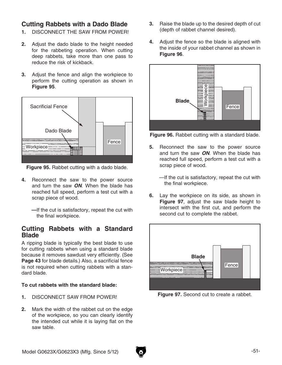 Cutting rabbets with a dado blade, Cutting rabbets with a standard blade | Grizzly G0623X3 User Manual | Page 53 / 96