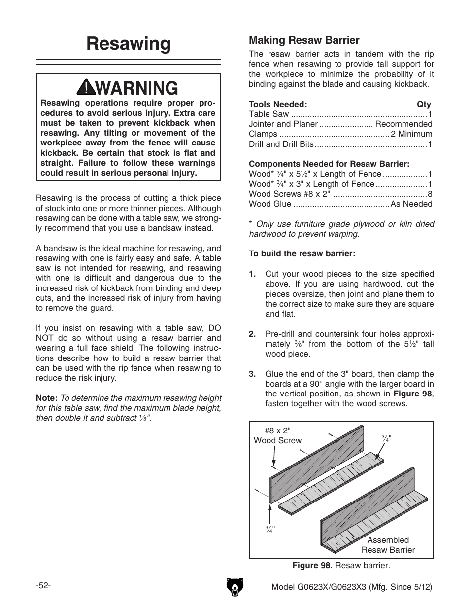 Resawing, Making resaw barrier | Grizzly G0623X3 User Manual | Page 54 / 96