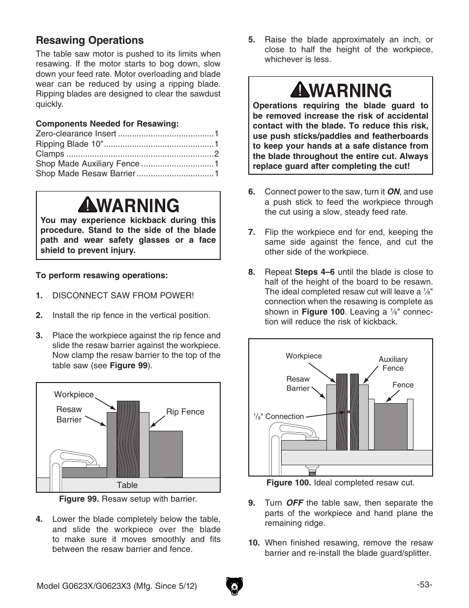 Resawing operations | Grizzly G0623X3 User Manual | Page 55 / 96