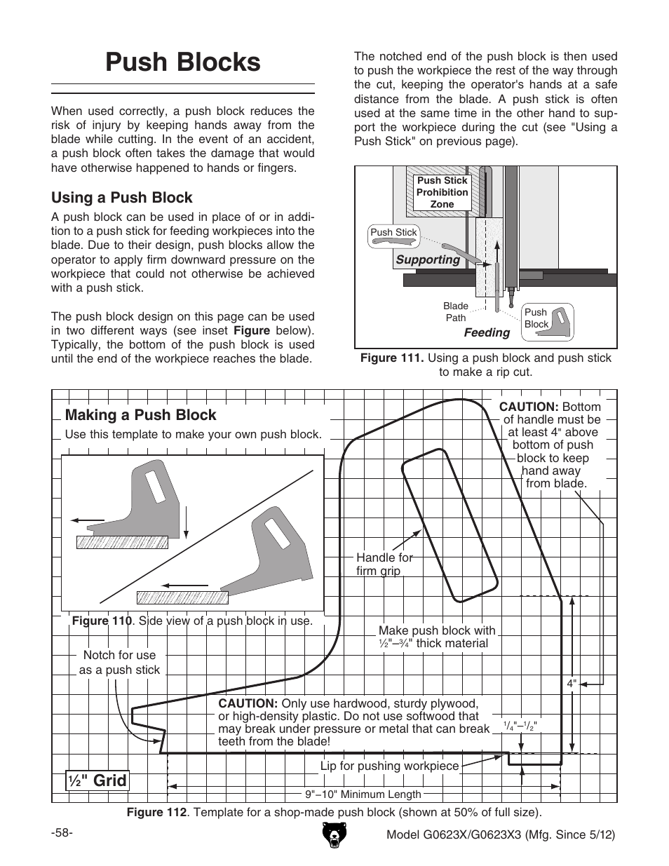 Push blocks, Grid, Using a push block | Making a push block | Grizzly G0623X3 User Manual | Page 60 / 96