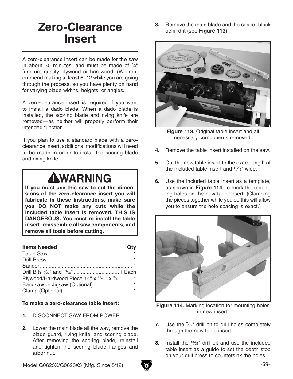 Zero-clearance insert | Grizzly G0623X3 User Manual | Page 61 / 96