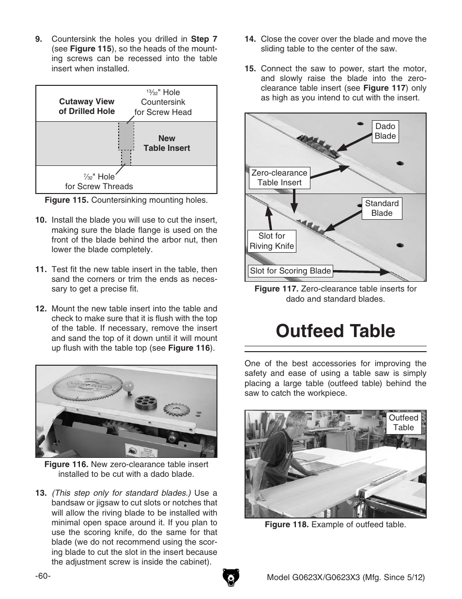 Outfeed table | Grizzly G0623X3 User Manual | Page 62 / 96