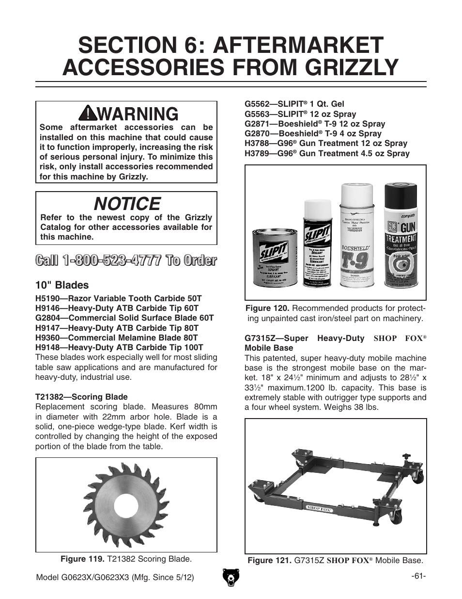 Notice, 10" blades | Grizzly G0623X3 User Manual | Page 63 / 96