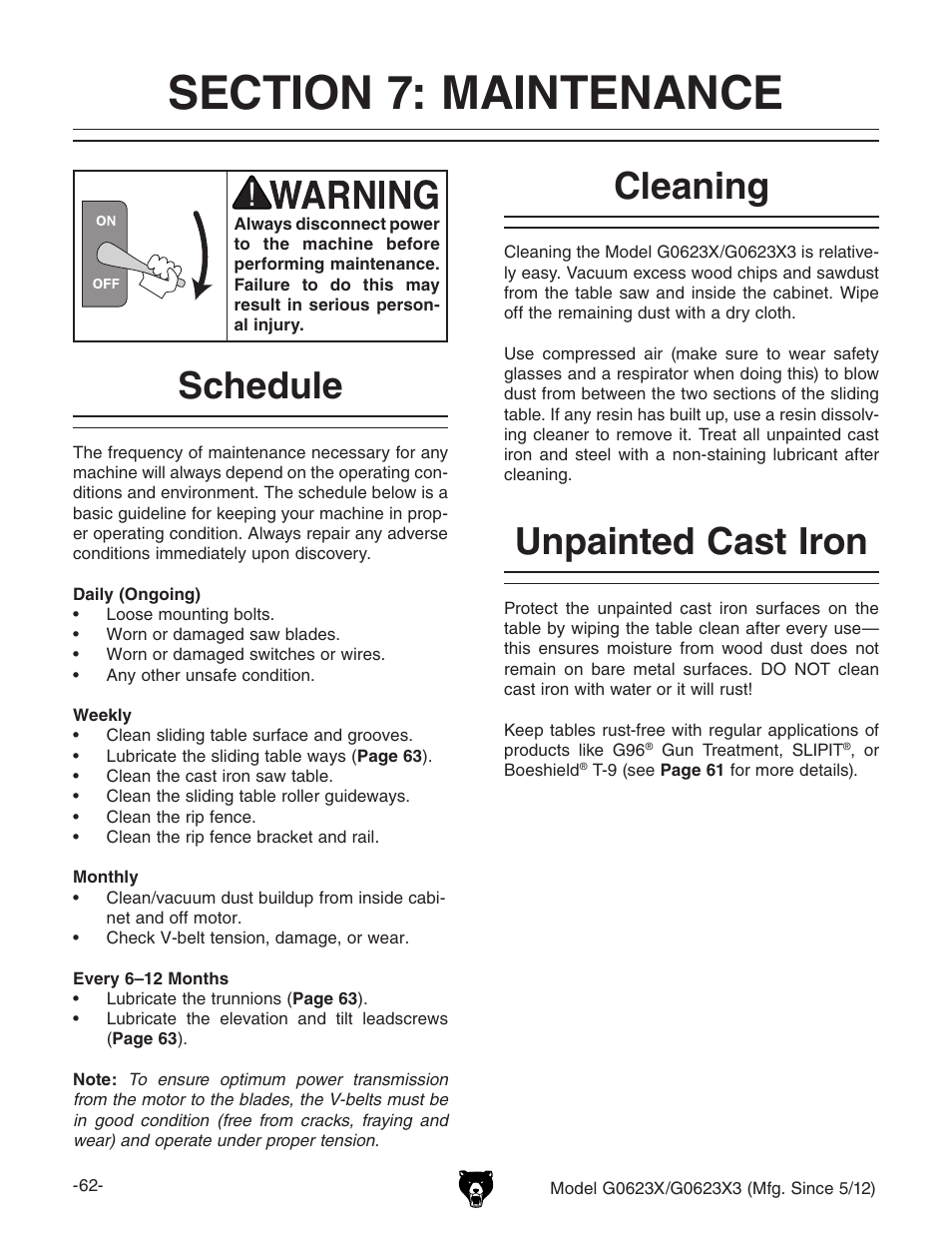 Cleaning, Unpainted cast iron, Schedule | Grizzly G0623X3 User Manual | Page 64 / 96