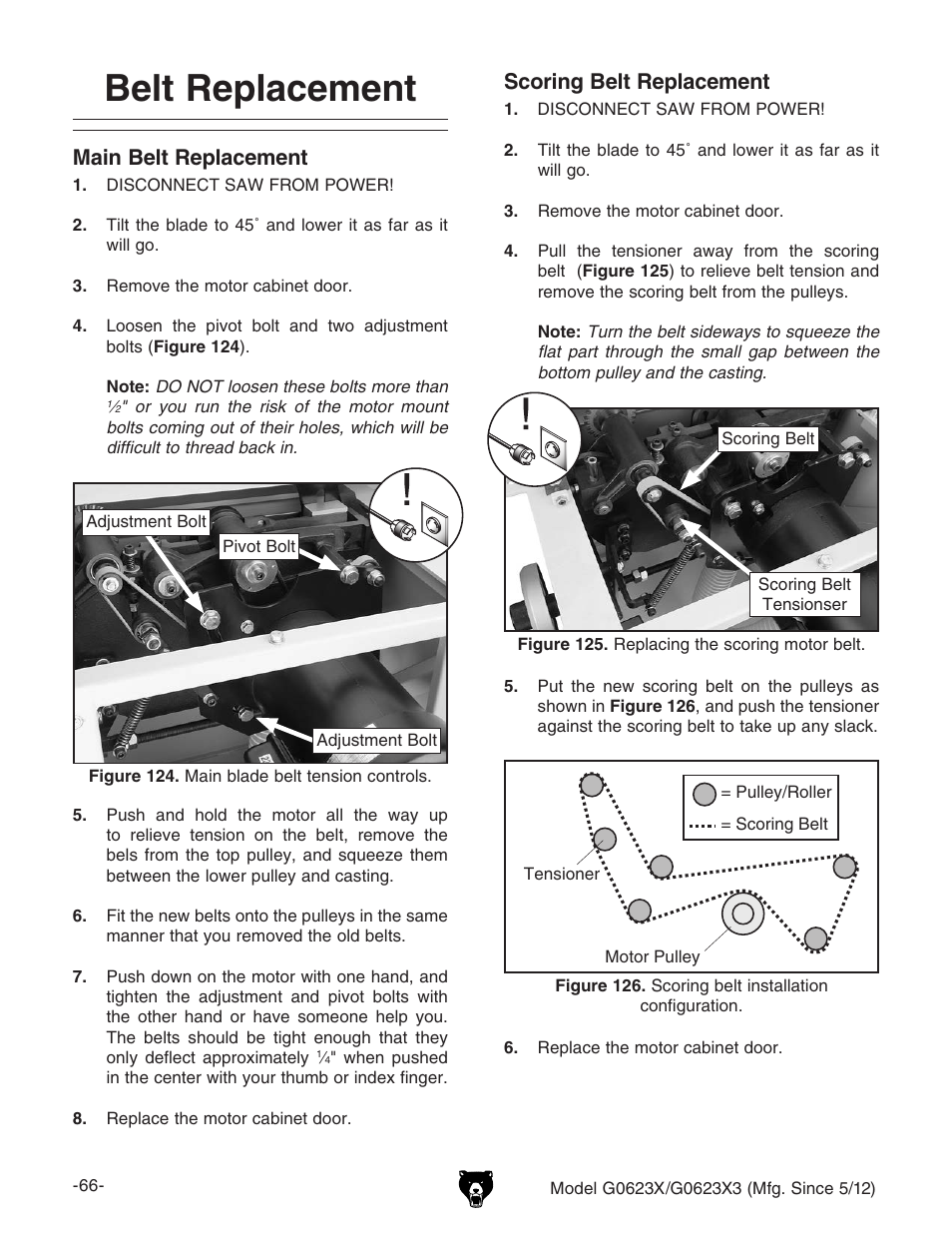 Belt replacement, Main belt replacement, Scoring belt replacement | Grizzly G0623X3 User Manual | Page 68 / 96