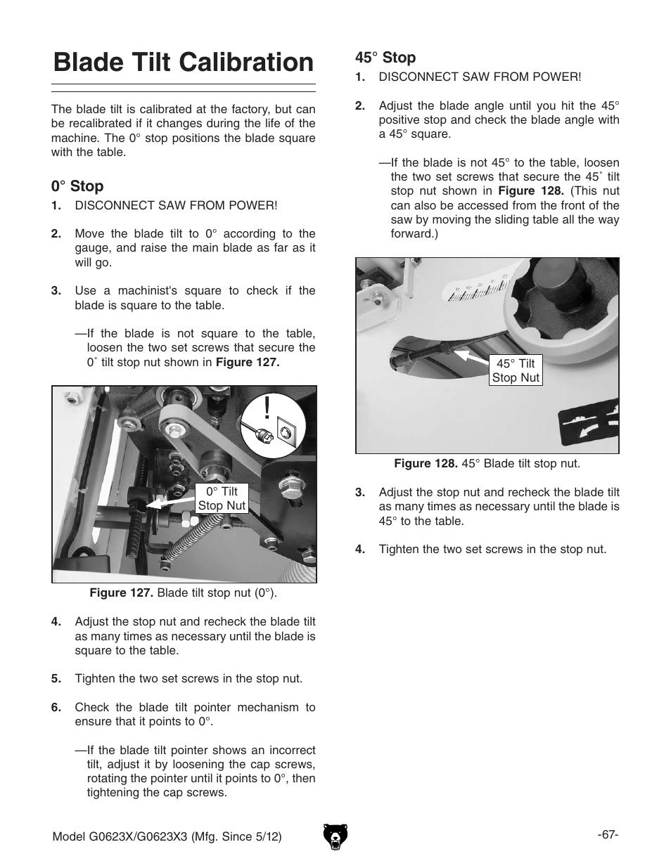 Blade tilt calibration | Grizzly G0623X3 User Manual | Page 69 / 96