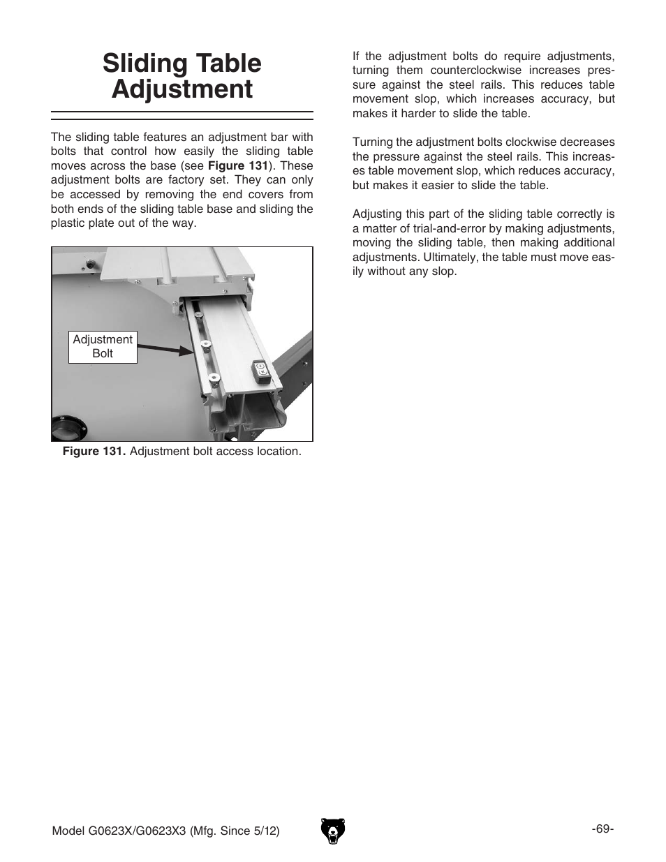 Sliding table adjustment | Grizzly G0623X3 User Manual | Page 71 / 96