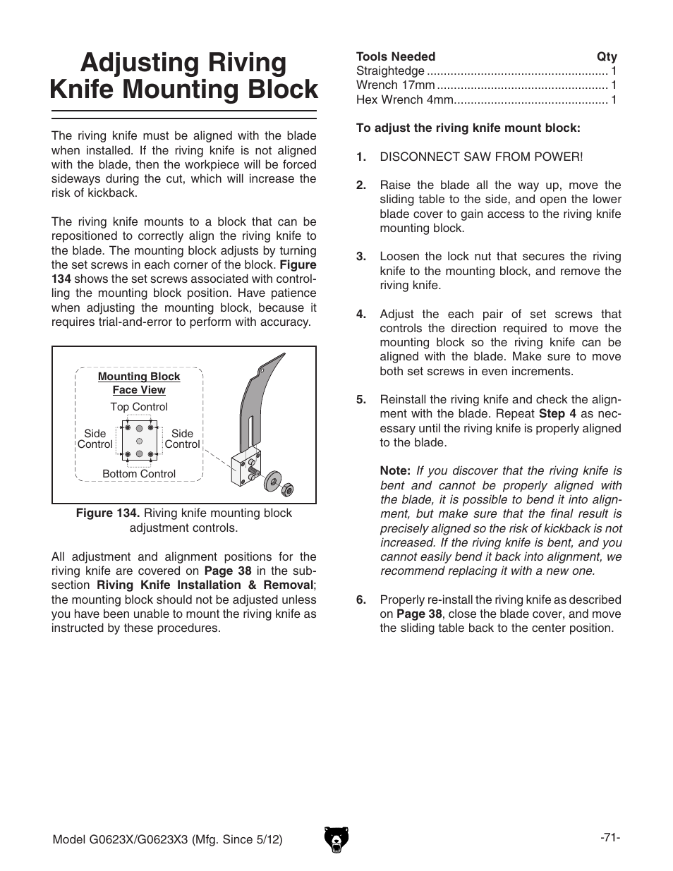 Adjusting riving knife mounting block | Grizzly G0623X3 User Manual | Page 73 / 96