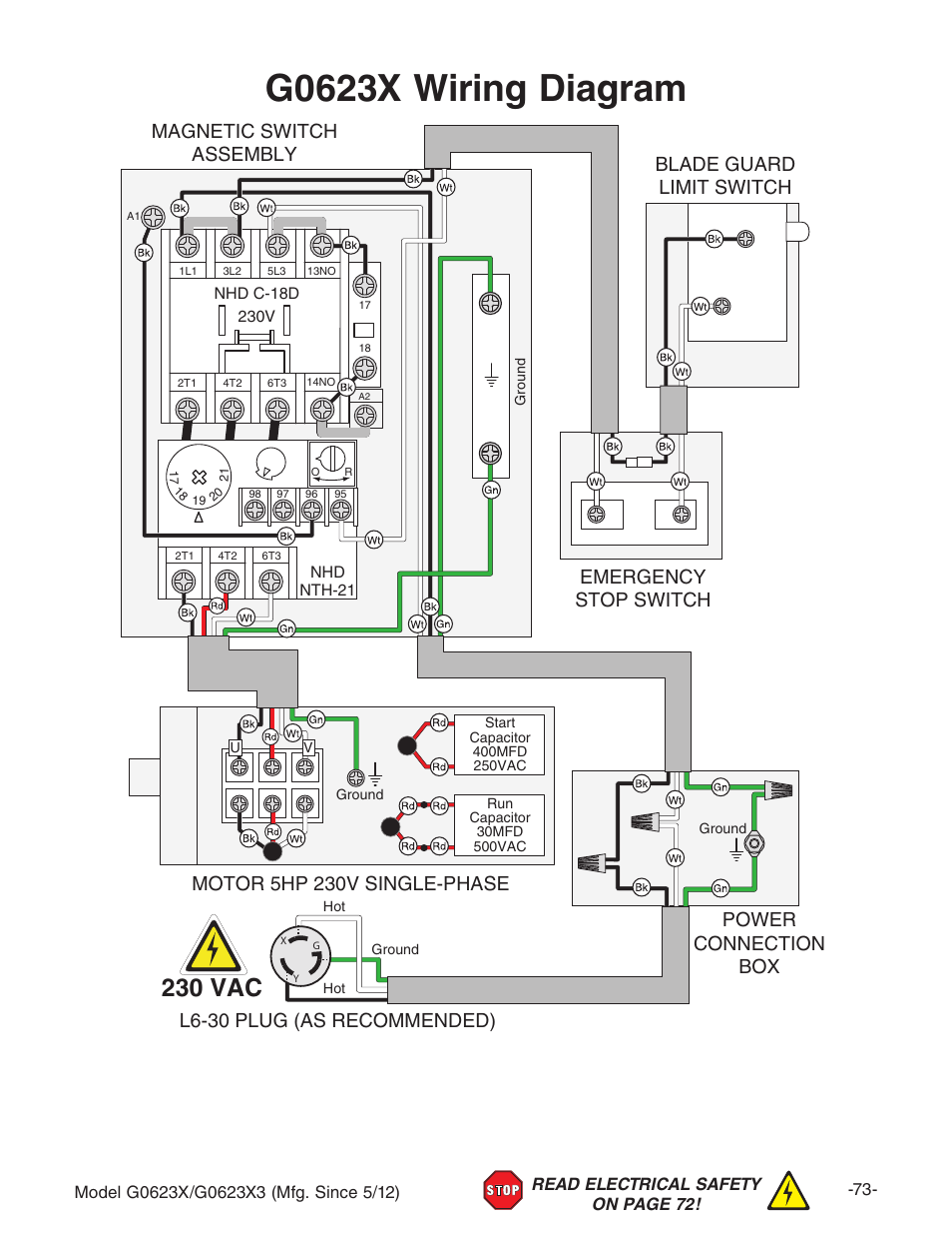 G0623x wiring diagram, 230 vac, Power connection box blade guard limit switch | Grizzly G0623X3 User Manual | Page 75 / 96