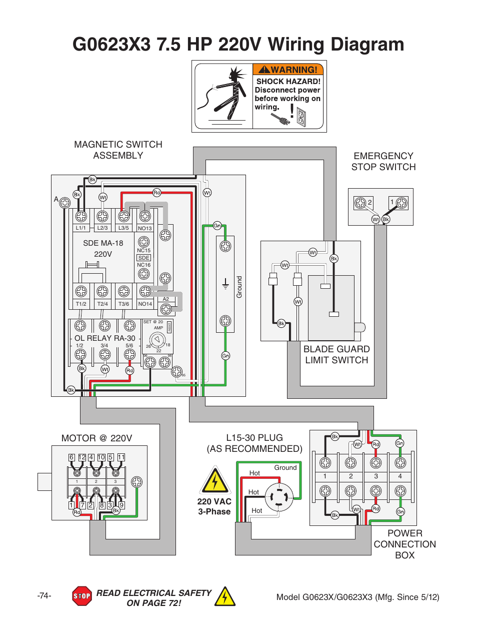 Power connection box motor @ 220v | Grizzly G0623X3 User Manual | Page 76 / 96