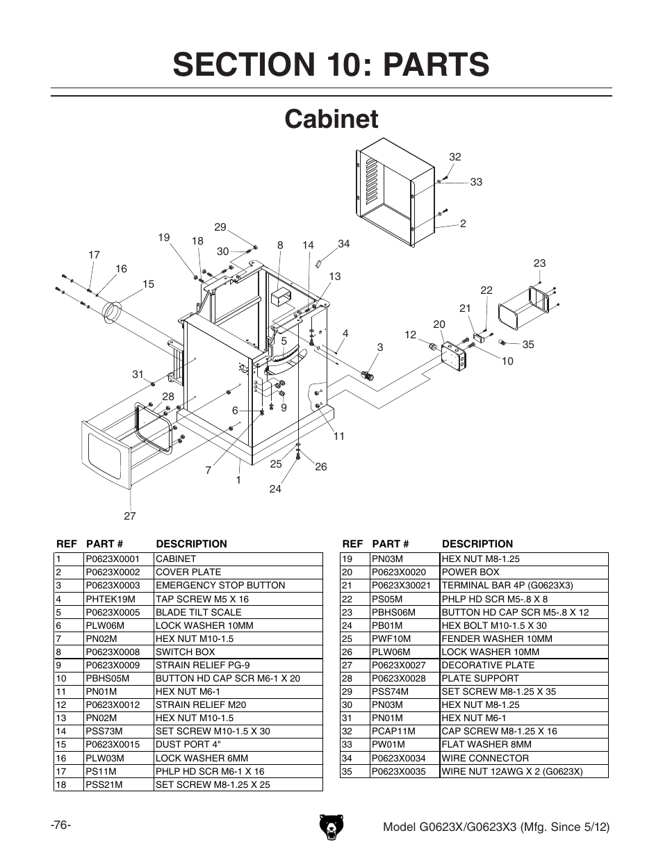 Cabinet | Grizzly G0623X3 User Manual | Page 78 / 96