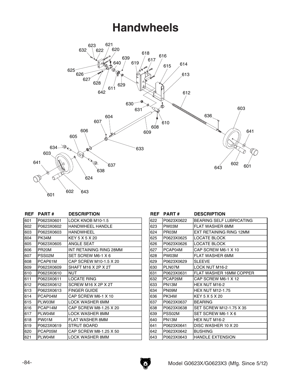 Handwheels | Grizzly G0623X3 User Manual | Page 86 / 96