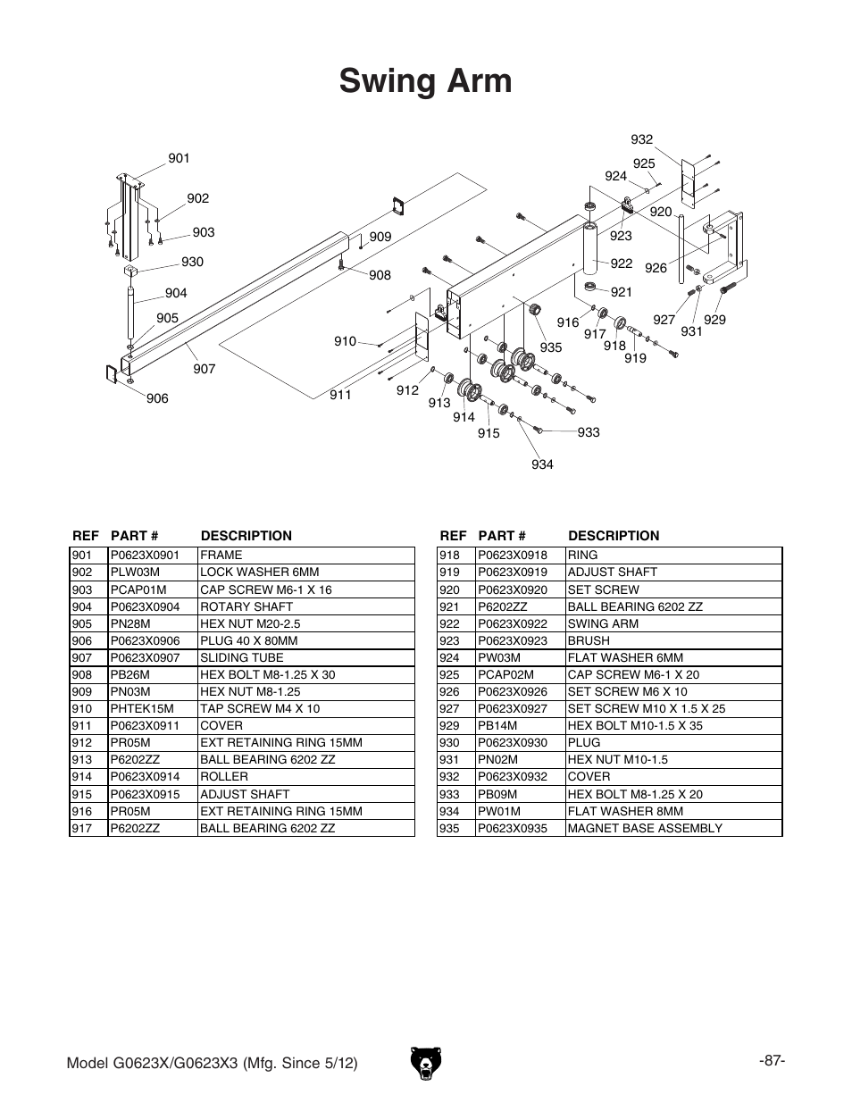 Swing arm | Grizzly G0623X3 User Manual | Page 89 / 96
