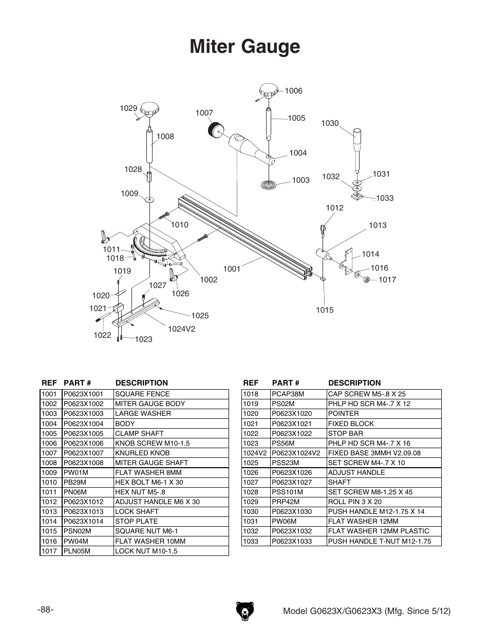 Miter gauge | Grizzly G0623X3 User Manual | Page 90 / 96
