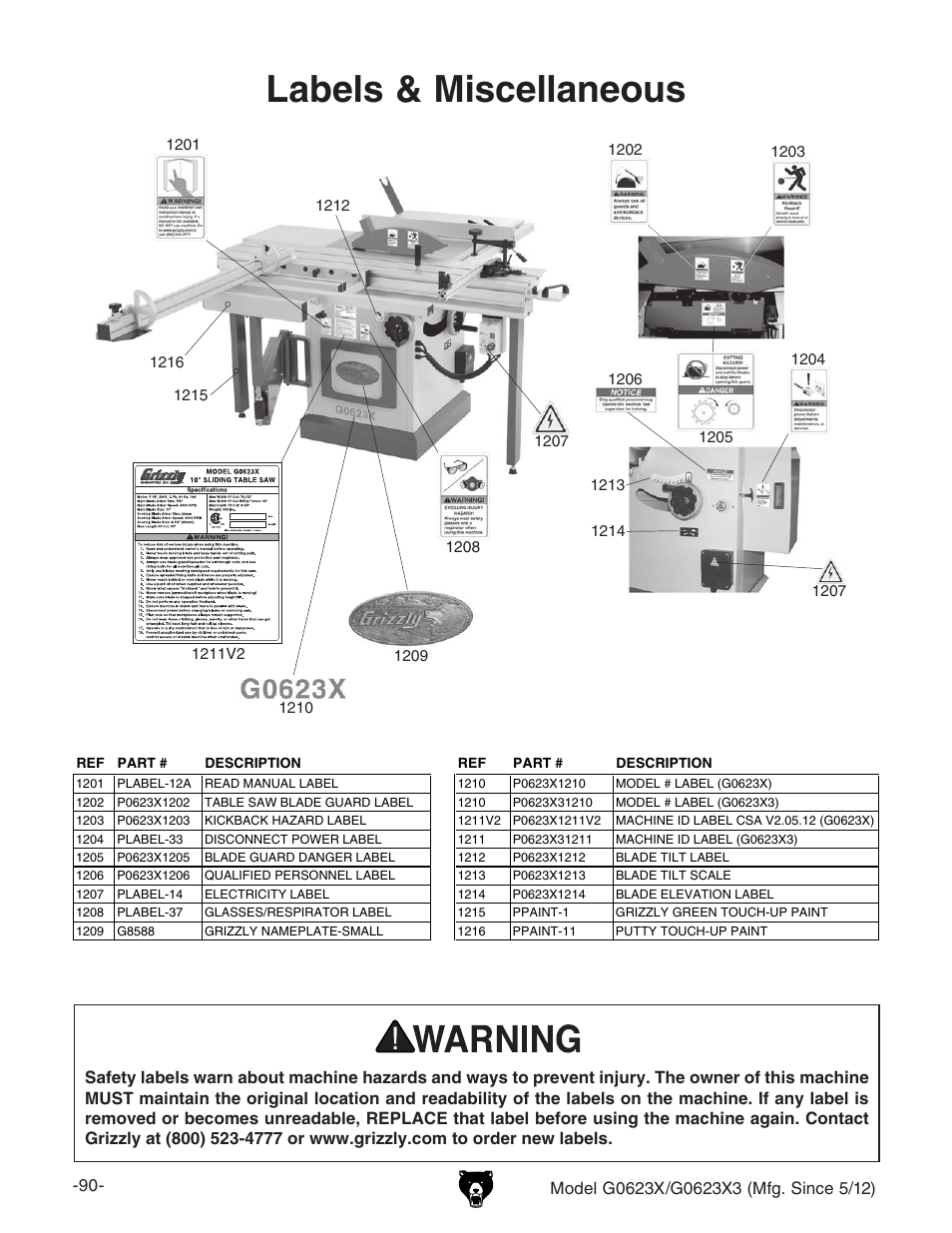 Labels & miscellaneous | Grizzly G0623X3 User Manual | Page 92 / 96