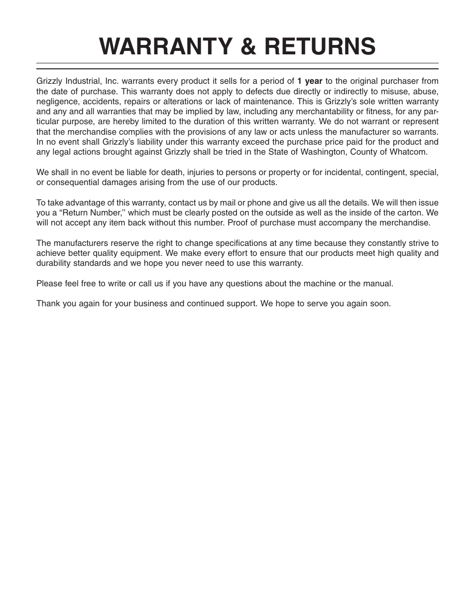 Warranty & returns | Grizzly G0623X3 User Manual | Page 95 / 96