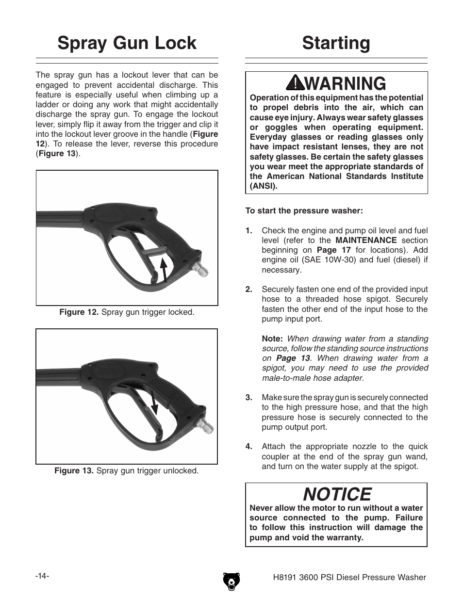 Spray gun lock, Notice, Starting | Grizzly H8191 User Manual | Page 16 / 40