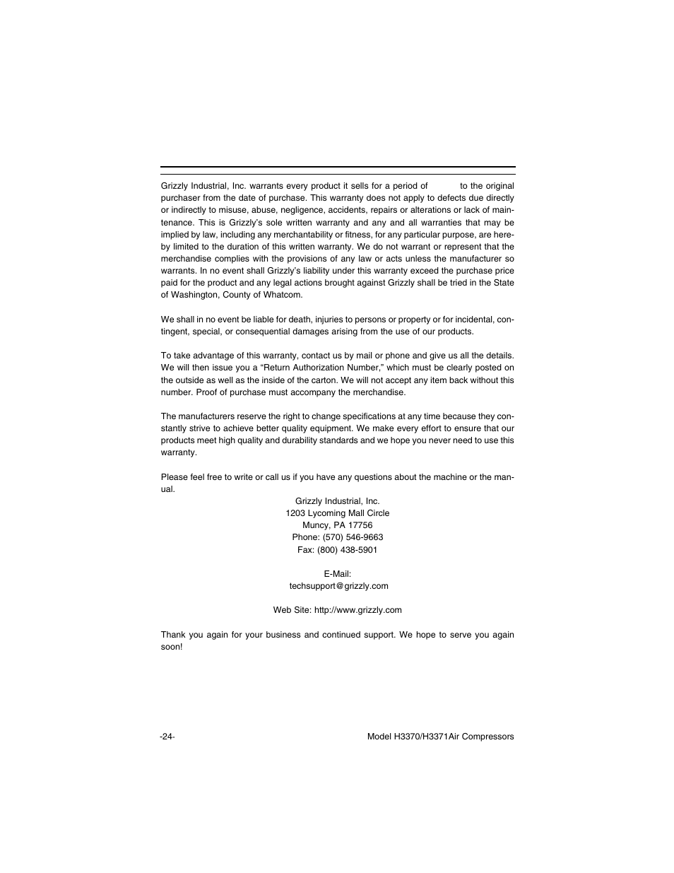 Warranty and returns | Grizzly H3371 User Manual | Page 26 / 28