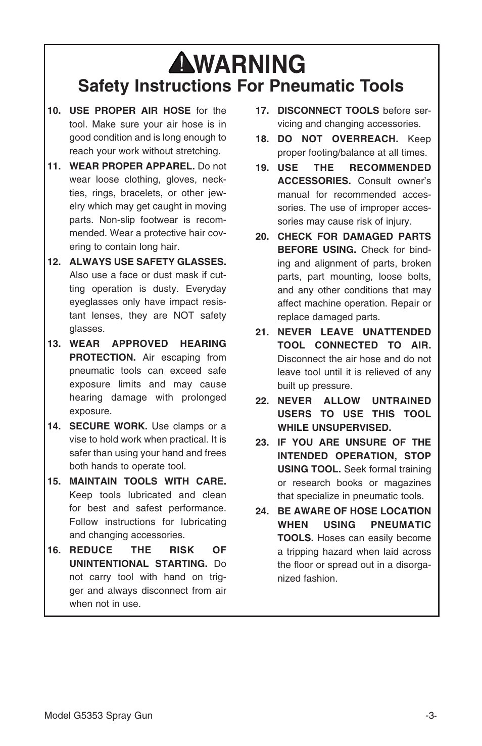 Safety instructions for pneumatic tools | Grizzly G5353 User Manual | Page 3 / 20