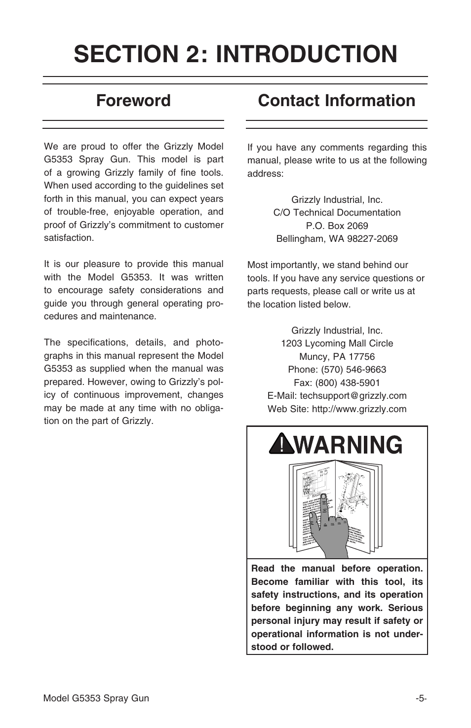 Foreword contact information | Grizzly G5353 User Manual | Page 5 / 20