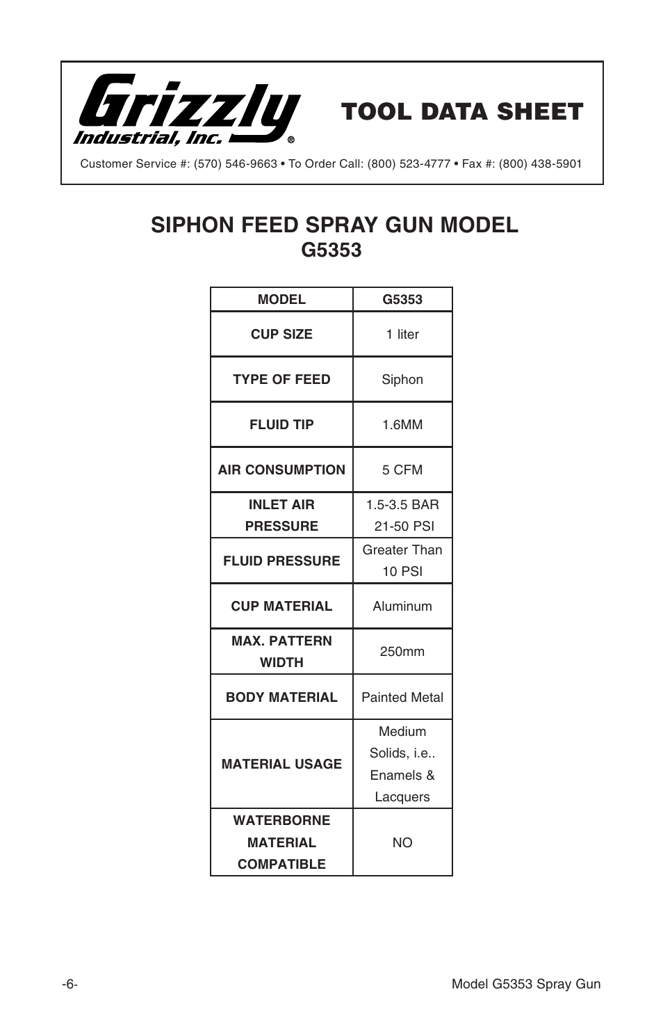 Tool data sheet, Siphon feed spray gun model, G5353 | Grizzly G5353 User Manual | Page 6 / 20