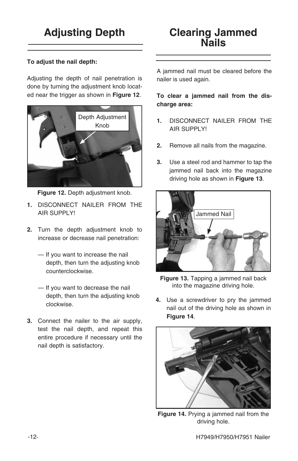 Clearing jammed nails, Adjusting depth | Grizzly H7951 User Manual | Page 15 / 28