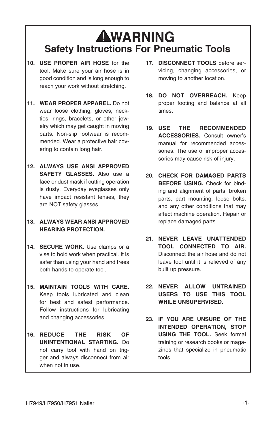 Safety instructions for pneumatic tools | Grizzly H7951 User Manual | Page 4 / 28