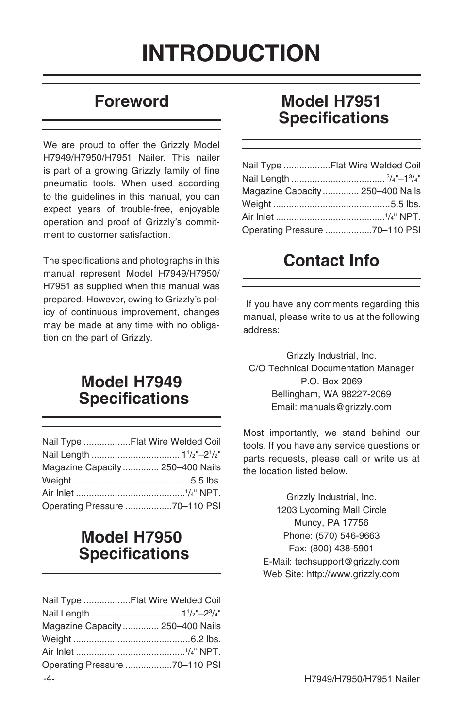 Introduction, Foreword contact info, Model h7950 specifications | Grizzly H7951 User Manual | Page 7 / 28