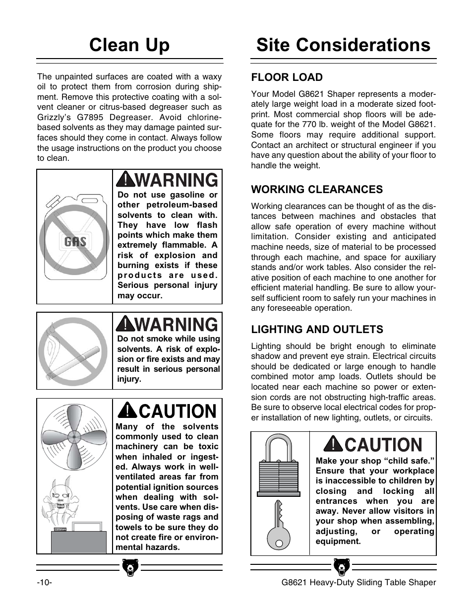 Clean up, Site considerations | Grizzly G8621 User Manual | Page 12 / 48