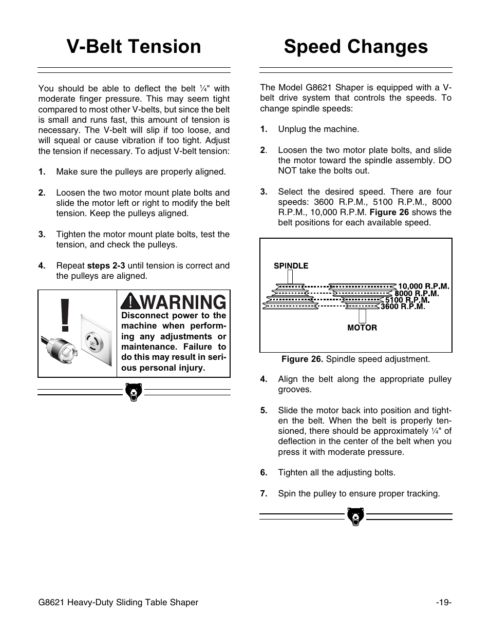 Speed changes, V-belt tension | Grizzly G8621 User Manual | Page 21 / 48