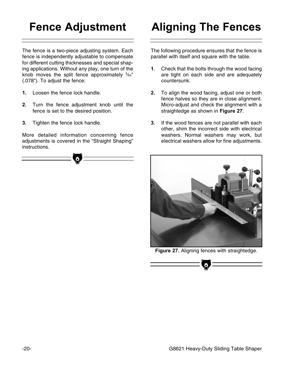 Fence adjustment, Aligning the fences | Grizzly G8621 User Manual | Page 22 / 48