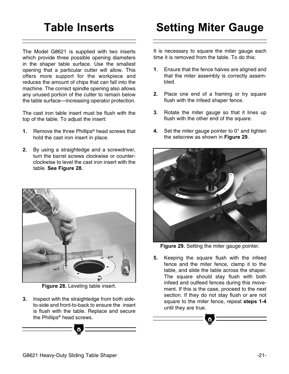 Table inserts, Setting miter gauge | Grizzly G8621 User Manual | Page 23 / 48