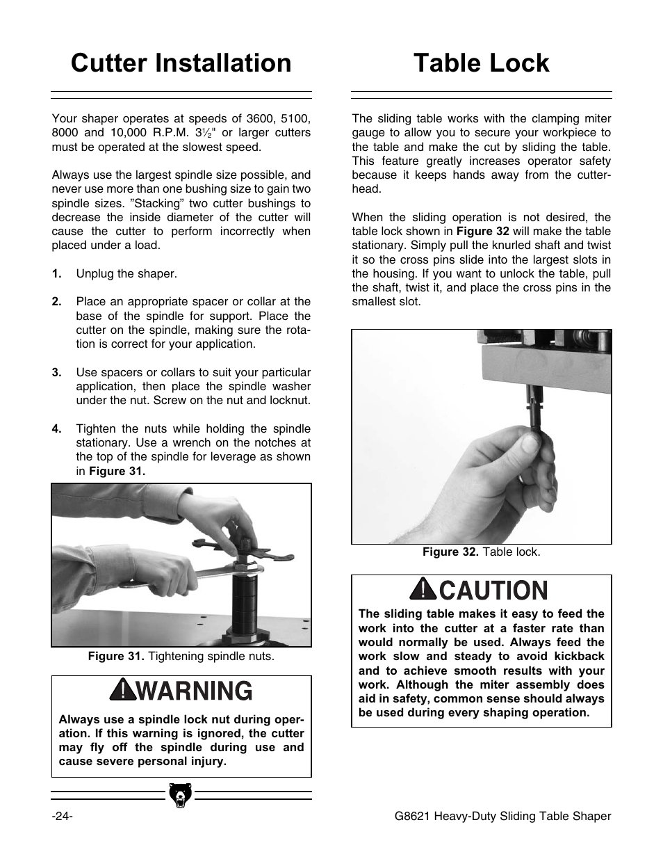 Cutter installation, Table lock | Grizzly G8621 User Manual | Page 26 / 48