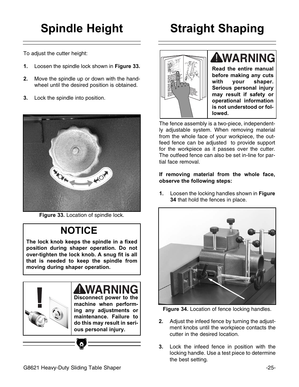 Straight shaping, Spindle height, Notice | Grizzly G8621 User Manual | Page 27 / 48