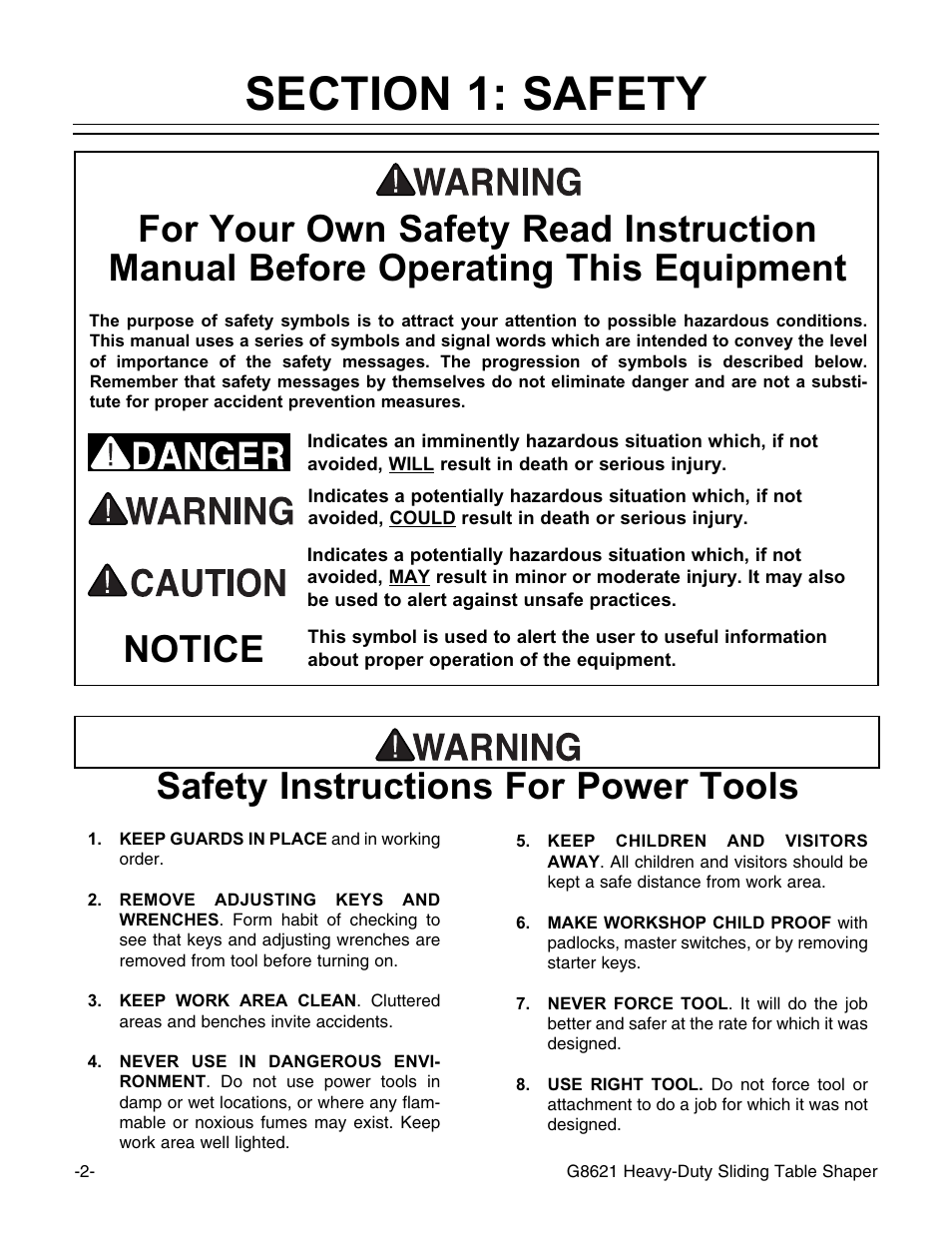 Safety instructions for power tools, Notice | Grizzly G8621 User Manual | Page 4 / 48