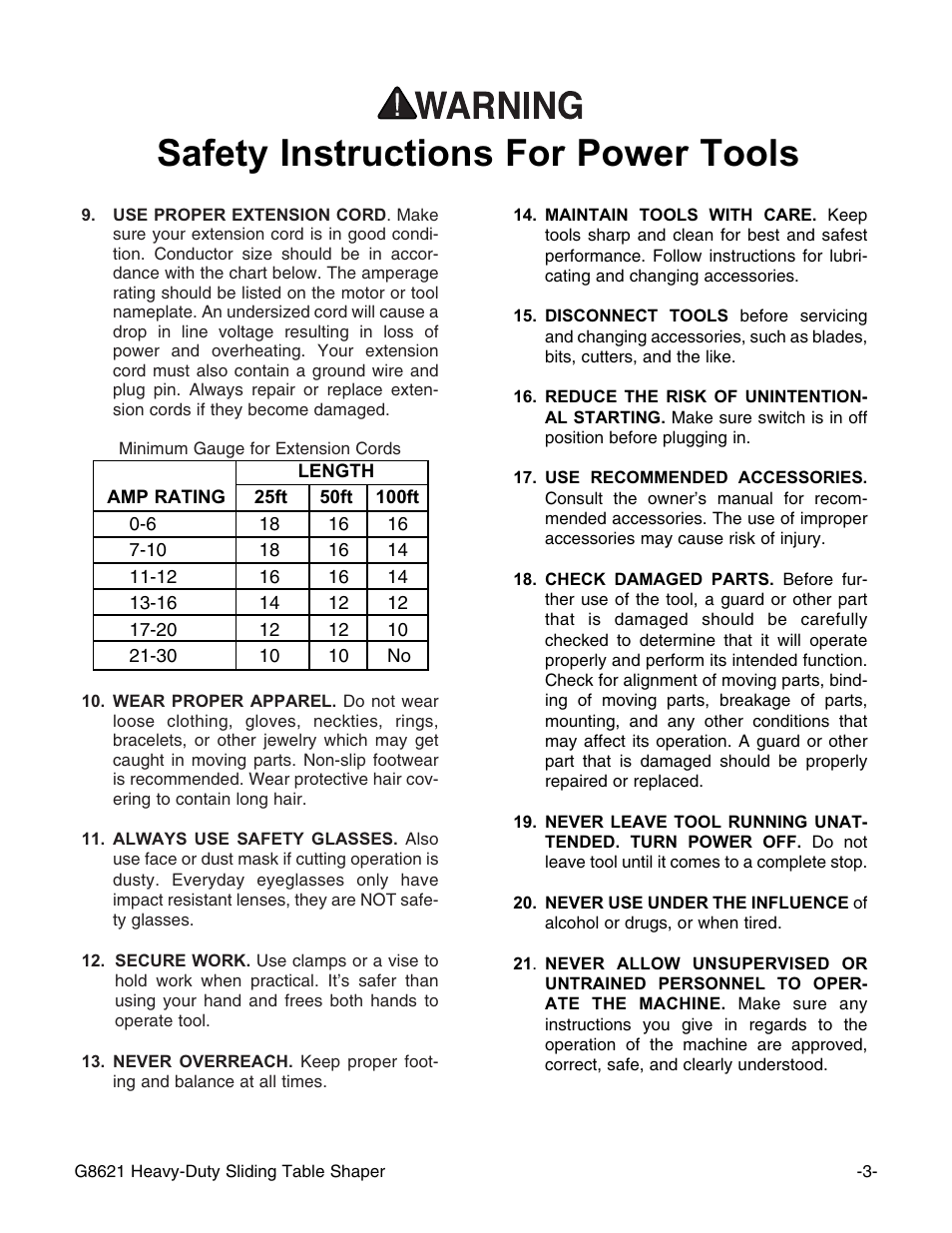 Safety instructions for power tools | Grizzly G8621 User Manual | Page 5 / 48