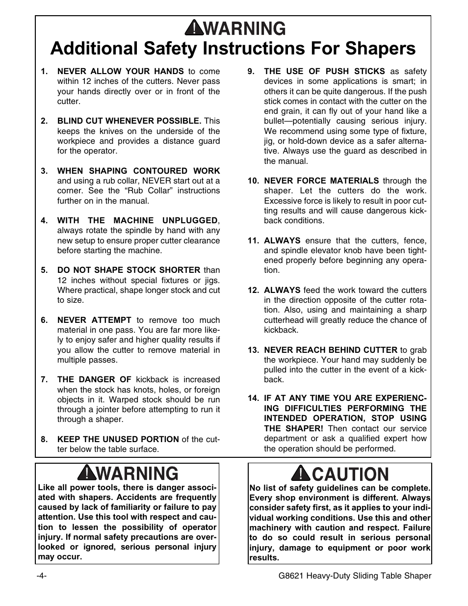 Additional safety instructions for shapers | Grizzly G8621 User Manual | Page 6 / 48