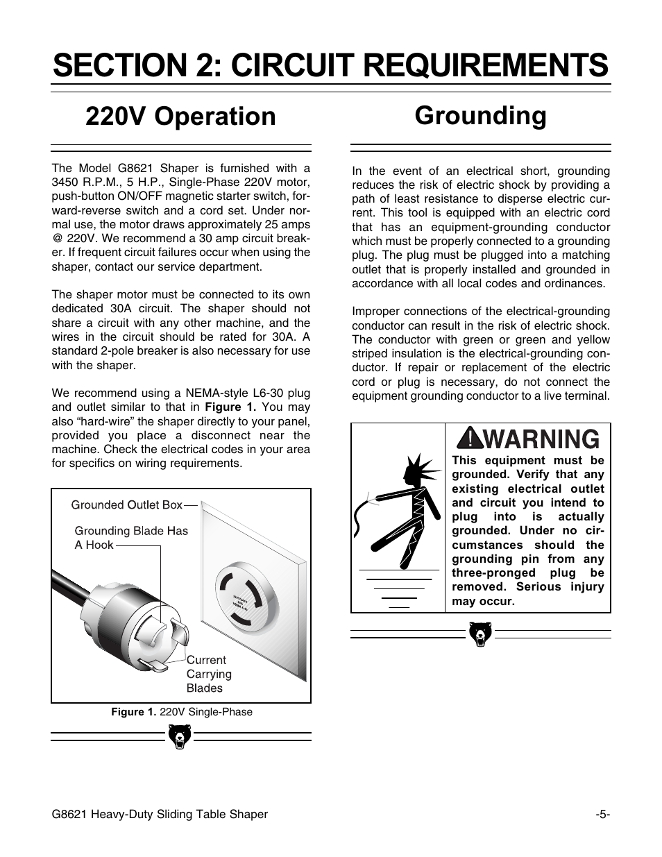 220v operation, Grounding | Grizzly G8621 User Manual | Page 7 / 48