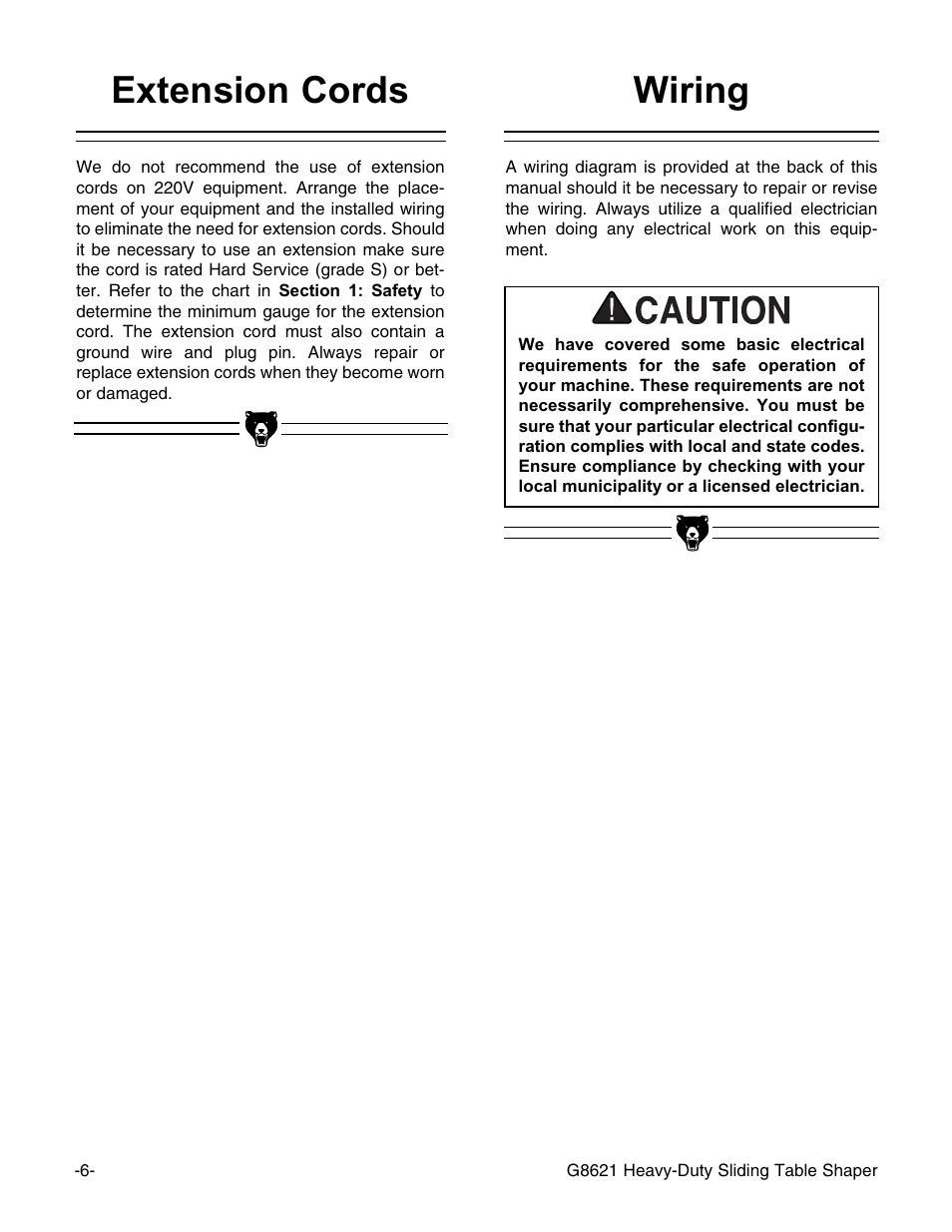 Extension cords, Wiring | Grizzly G8621 User Manual | Page 8 / 48