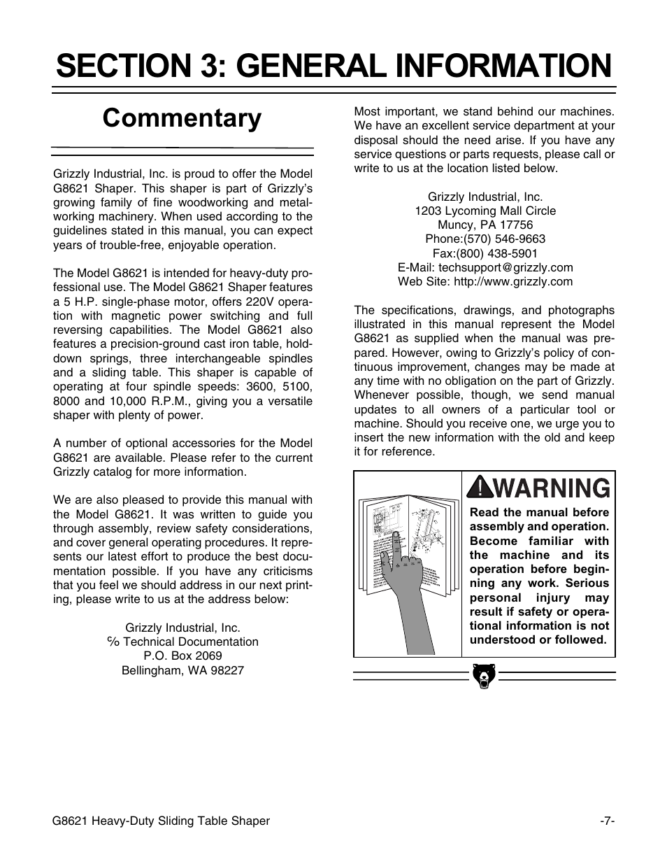 Commentary | Grizzly G8621 User Manual | Page 9 / 48