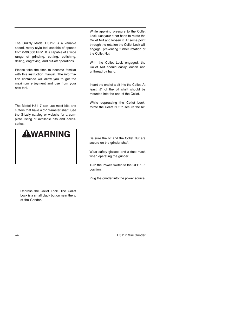 Operation, Installing bits, Before start up | About your new grinder | Grizzly H3117 User Manual | Page 6 / 16