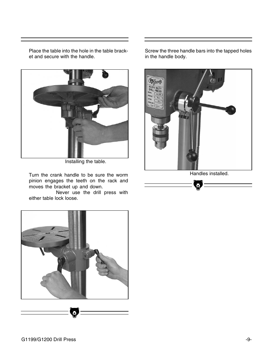 Table, Hha an nd dl le es s | Grizzly G1199 User Manual | Page 11 / 29