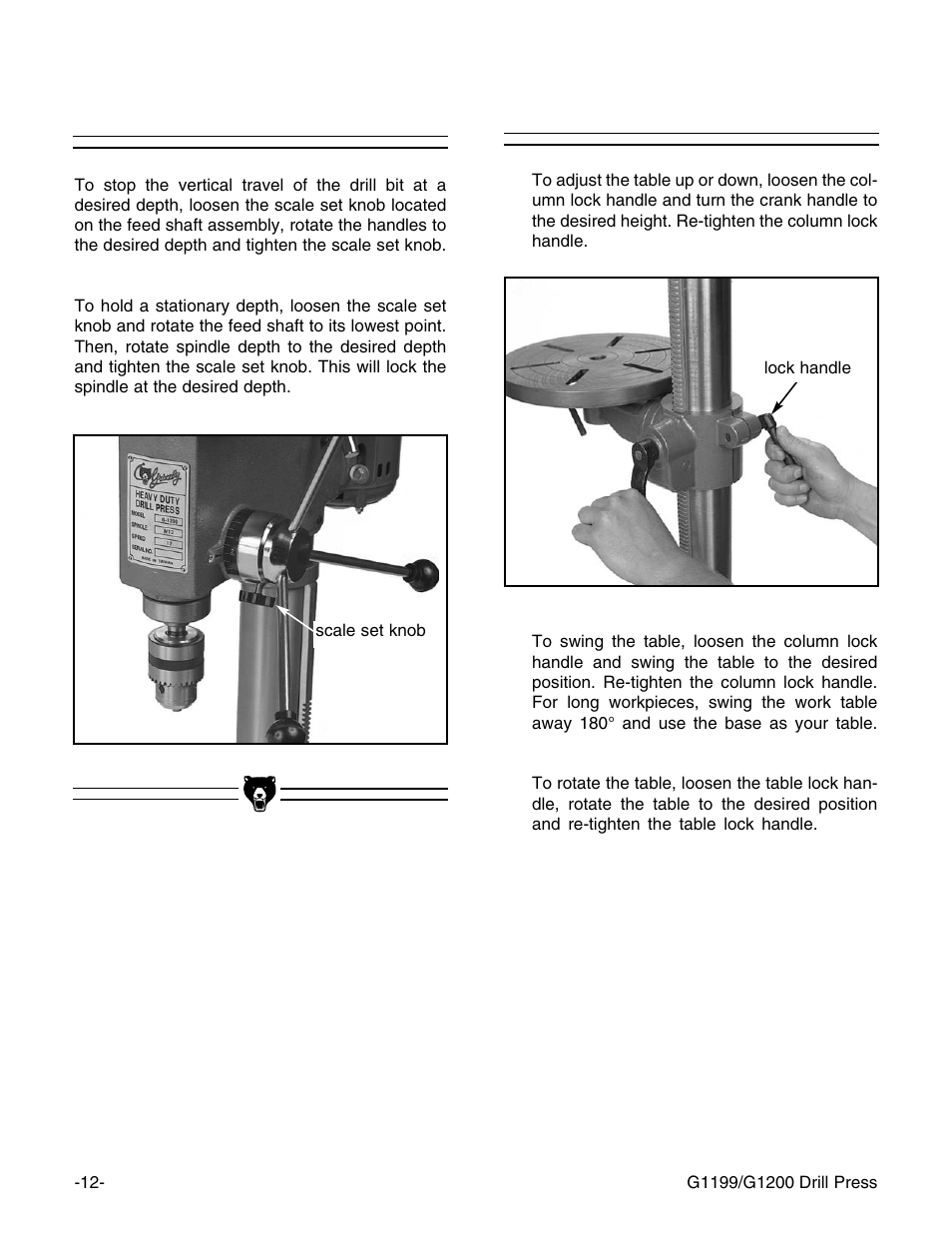 Spindle adjustments table adjustments | Grizzly G1199 User Manual | Page 14 / 29