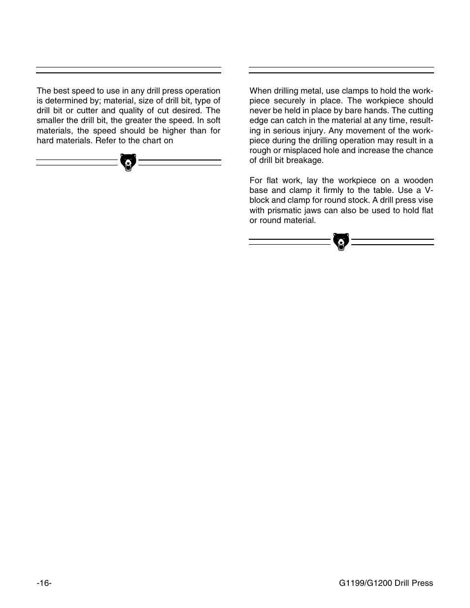 Drilling metal, Drill speed | Grizzly G1199 User Manual | Page 18 / 29