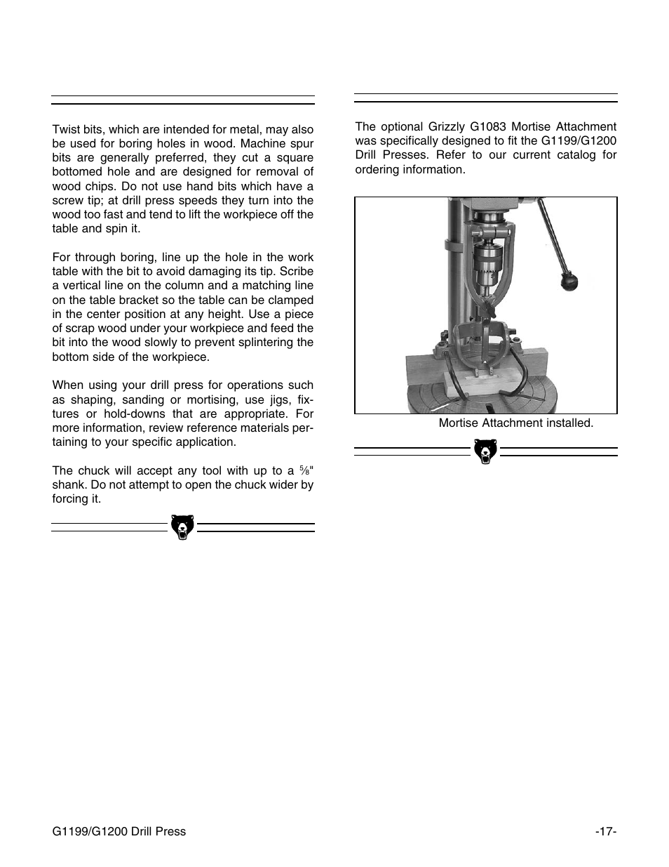Mortise attachment, Drilling wood | Grizzly G1199 User Manual | Page 19 / 29