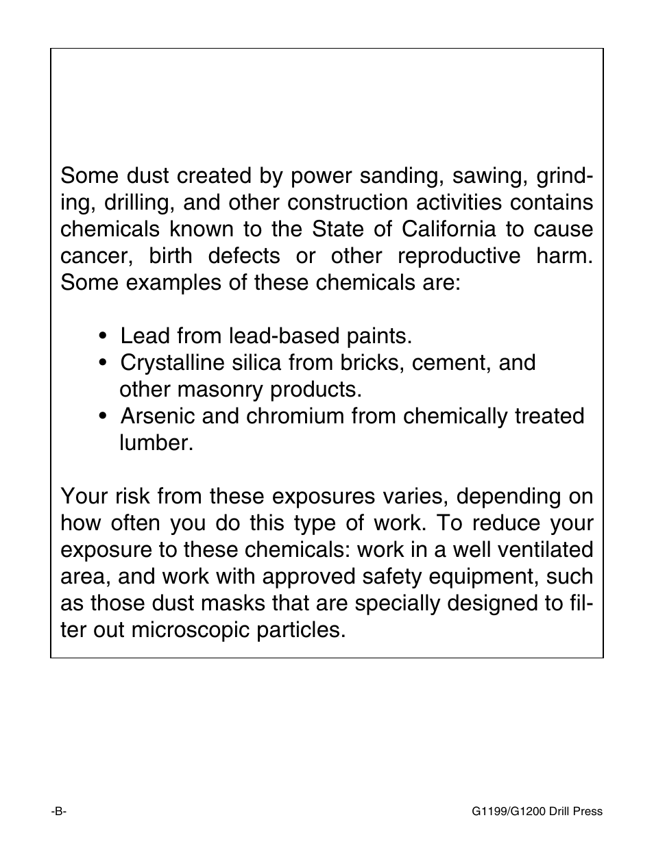 Warning | Grizzly G1199 User Manual | Page 2 / 29