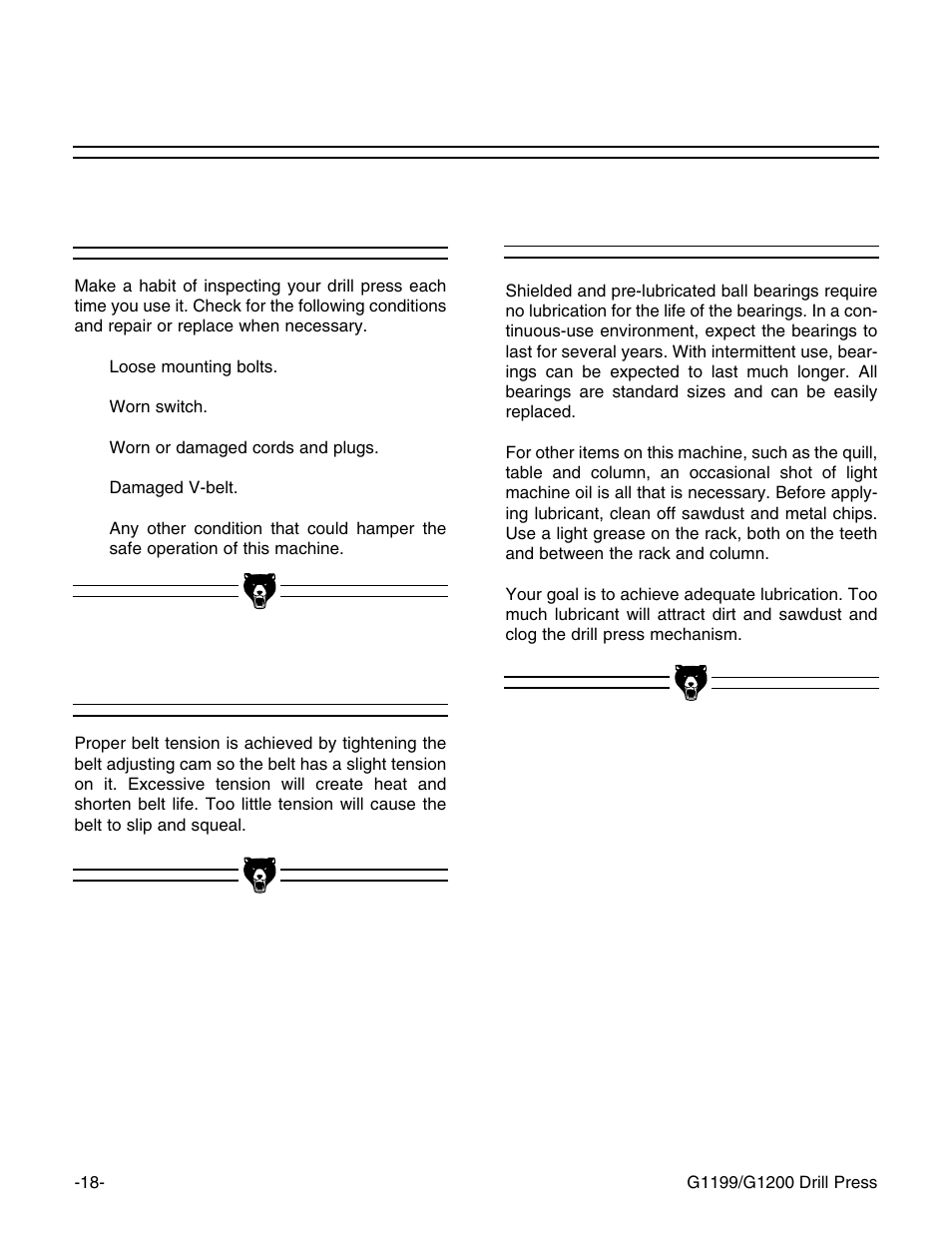 Lubrication belt tension, General | Grizzly G1199 User Manual | Page 20 / 29