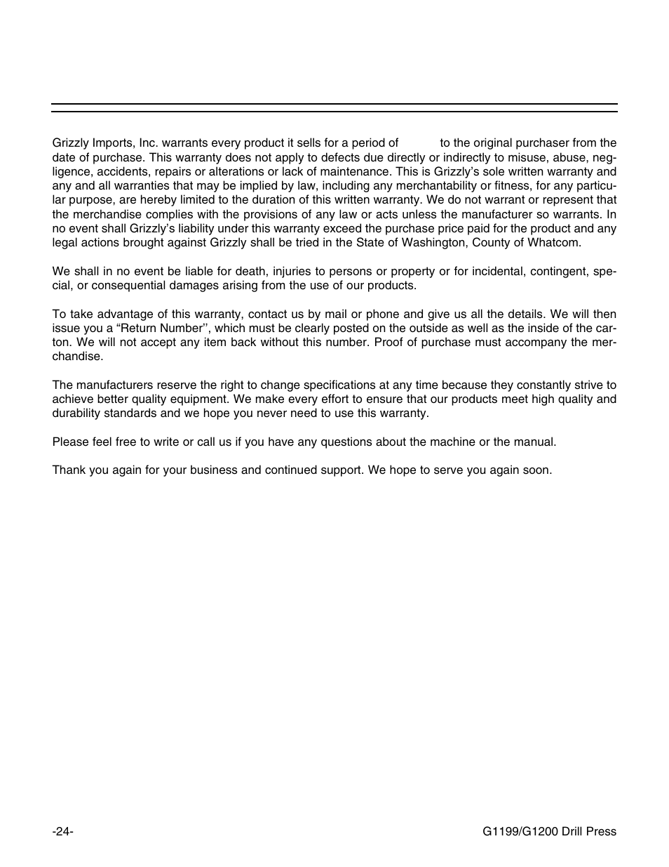 Warranty and returns | Grizzly G1199 User Manual | Page 26 / 29