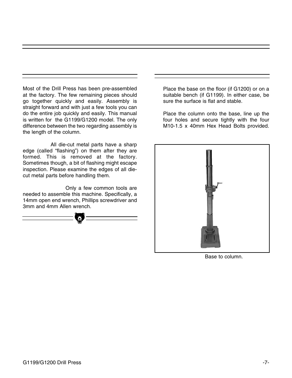 Beginning assembly, Base/column | Grizzly G1199 User Manual | Page 9 / 29