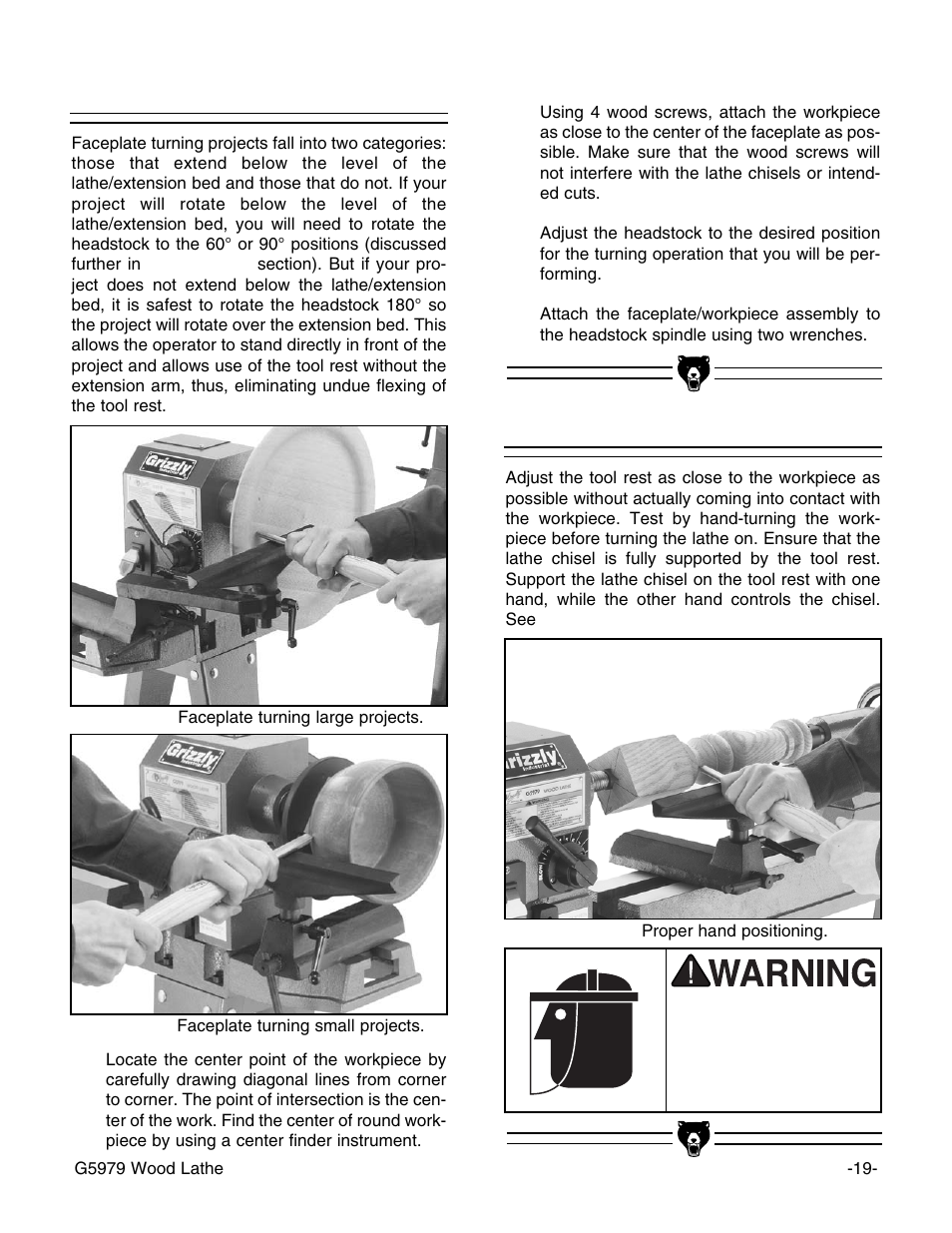 Faceplate turning, Tool rest | Grizzly G5979 User Manual | Page 21 / 32